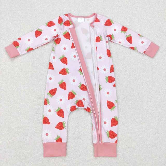 LR0795 Floral Strawberry Pink Zip Long Sleeve Jumpsuit