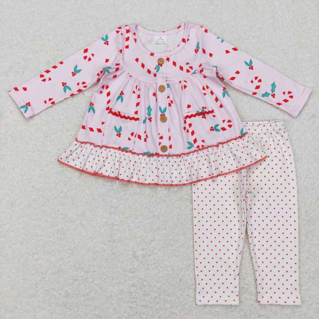 GLP0975 Candy Cane Pocket Button Pink Long Sleeve Polka Dot White Pants Suit