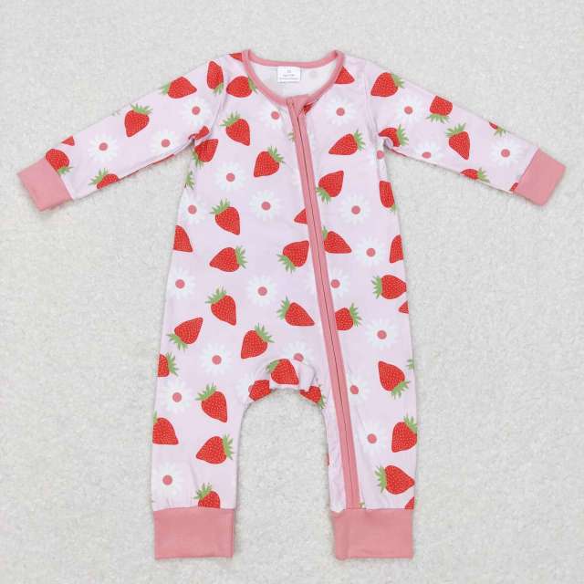 LR0795 Floral Strawberry Pink Zip Long Sleeve Jumpsuit
