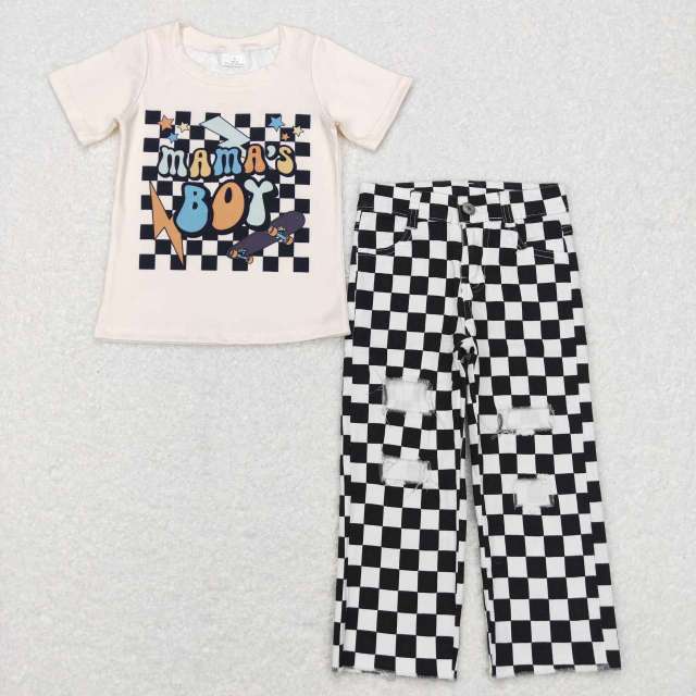 BT0447 P0122  mama's boy letter plaid lightning star short sleeves top black and white plaid ripped denim jeans