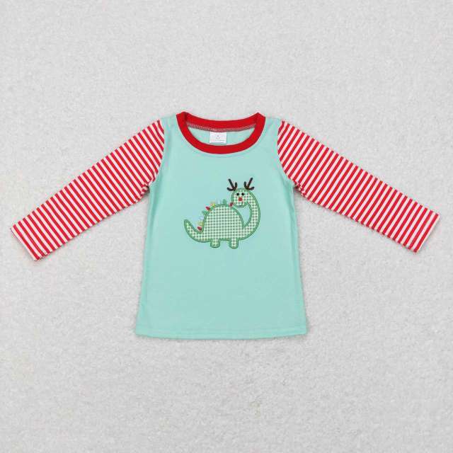 BT0422 Embroidered dinosaur red and white stripes on raglan green long sleeves top