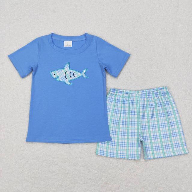 BSSO0284 Embroidered green, white and blue plaid shark short-sleeved shorts suit