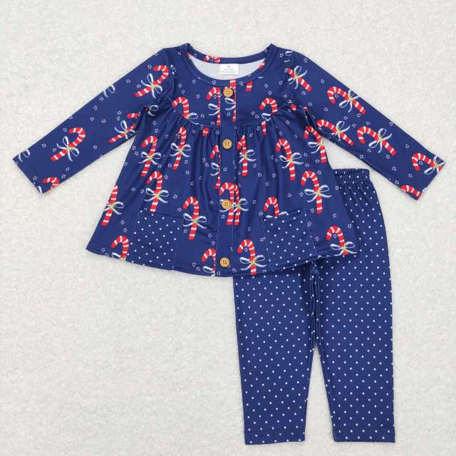 GLP0992 Candy Cane Pocket Polka Dot Navy Pants Suit