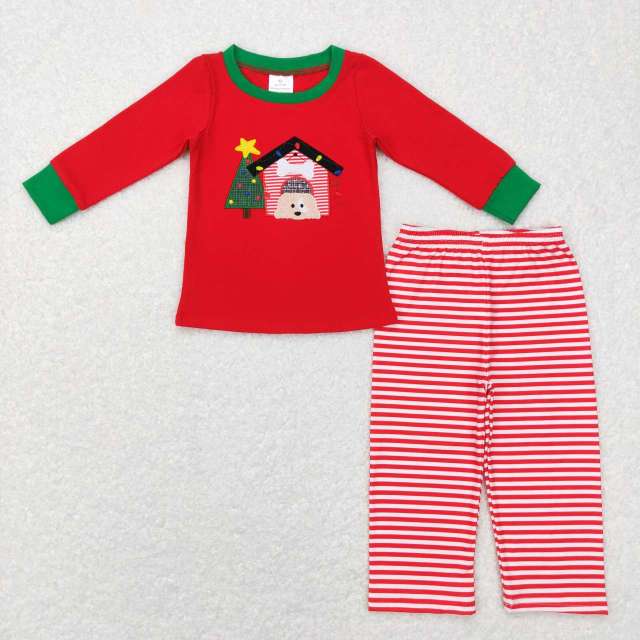 BLP0331 Embroidery Stars Christmas Tree Puppy House Red Stripes Long Sleeve Pants Suit