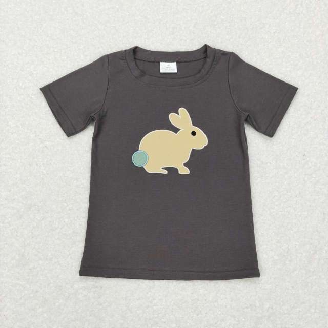 BT0444 Embroidered rabbit gray short-sleeved top