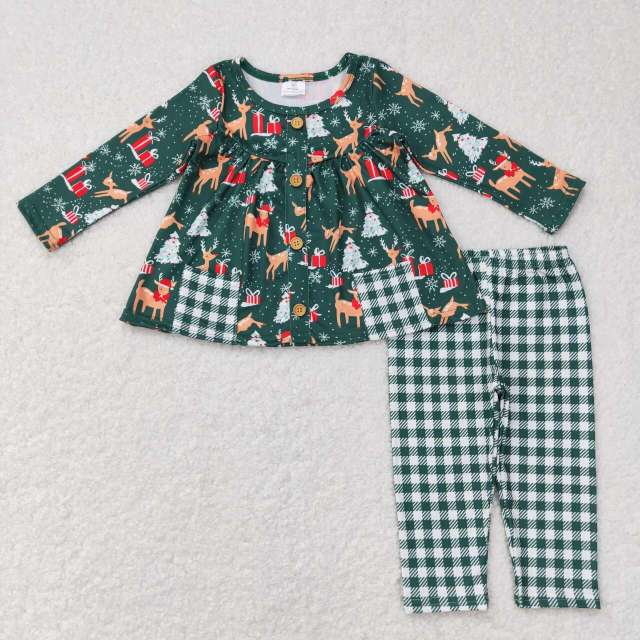 GLP0990 Fawn Gift Christmas Tree Pocket Long Sleeve Green White Plaid Long Pants Suit