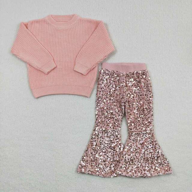 GT0036 E2-28 pink sweater top sequin flared pants two pieces set