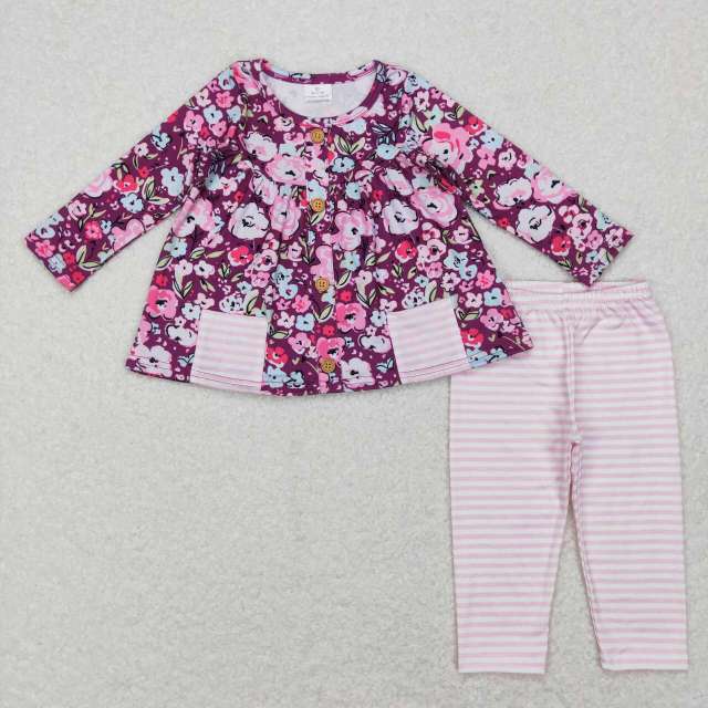 GLP0995 Flower Pocket Purple Long Sleeve Pink and White Stripes Pants Suit