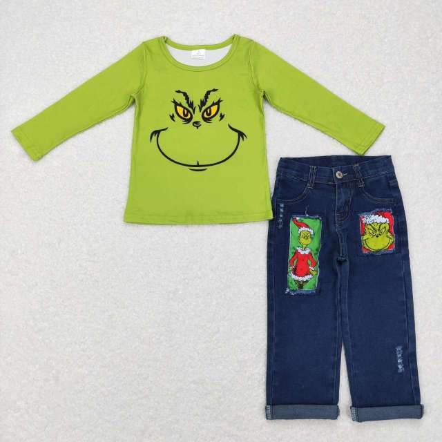 BT0256 P0207 grinch green long sleeve top ripped jeans Pants Suit