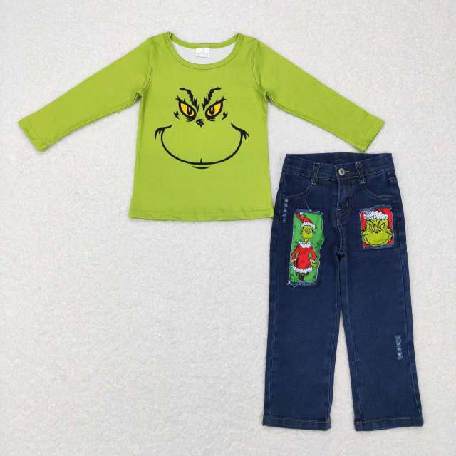 BT0256 P0207 grinch green long sleeve top ripped jeans Pants Suit
