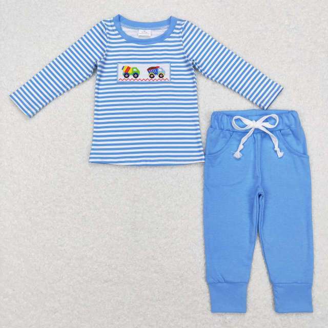 BLP0393 Embroidery Mixer Truck Engineering Vehicle Blue and White Striped Long Sleeve Pants Suit