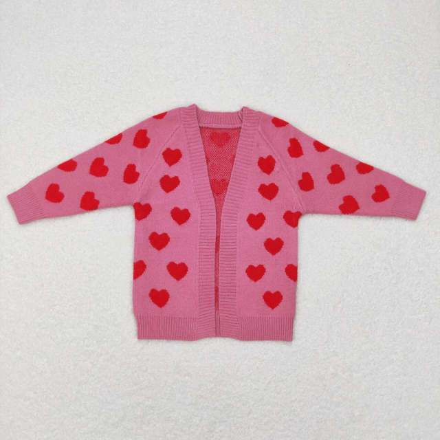 GT0372 Red Heart Rose Pink Pocket Long Sleeve Sweater Cardigan
