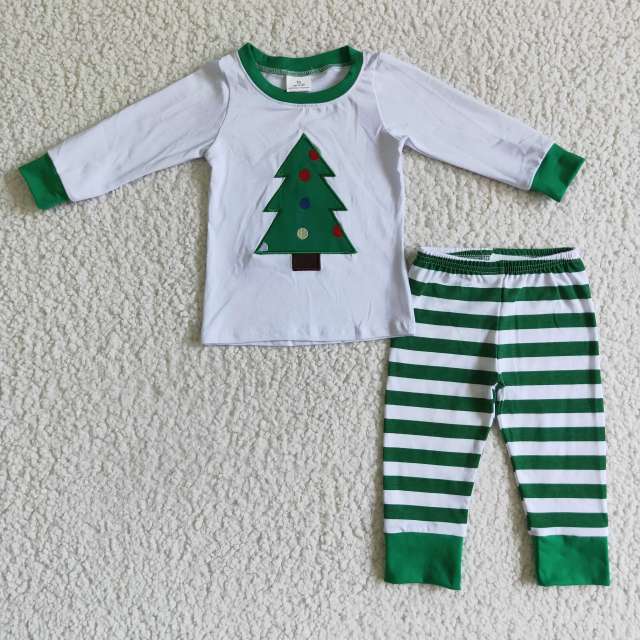 6 A28-15 Boy's Embroidered Christmas Tree Long Sleeve Striped Cotton Pajamas