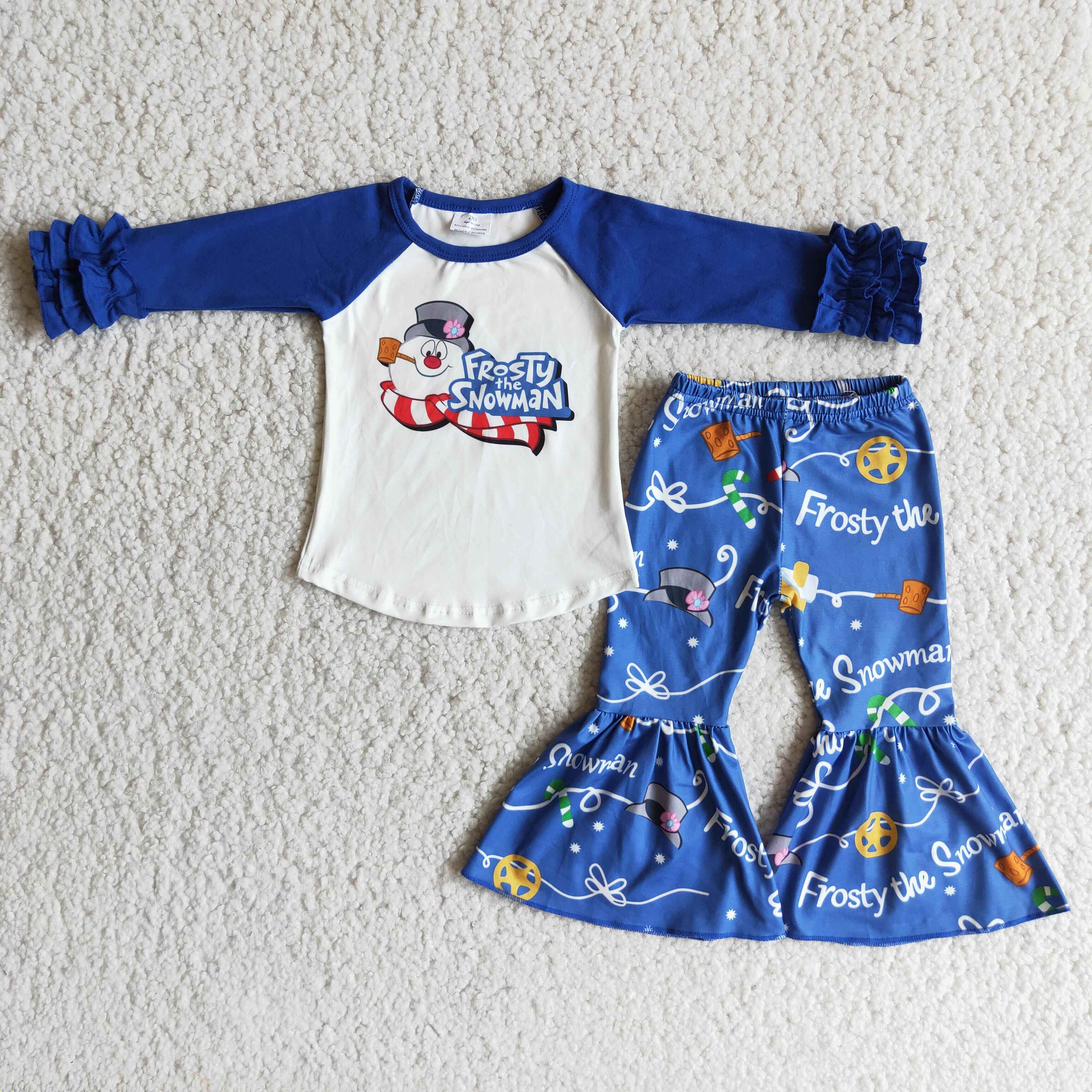 6 A22-4 Snowman head blue lace top flared pants suit