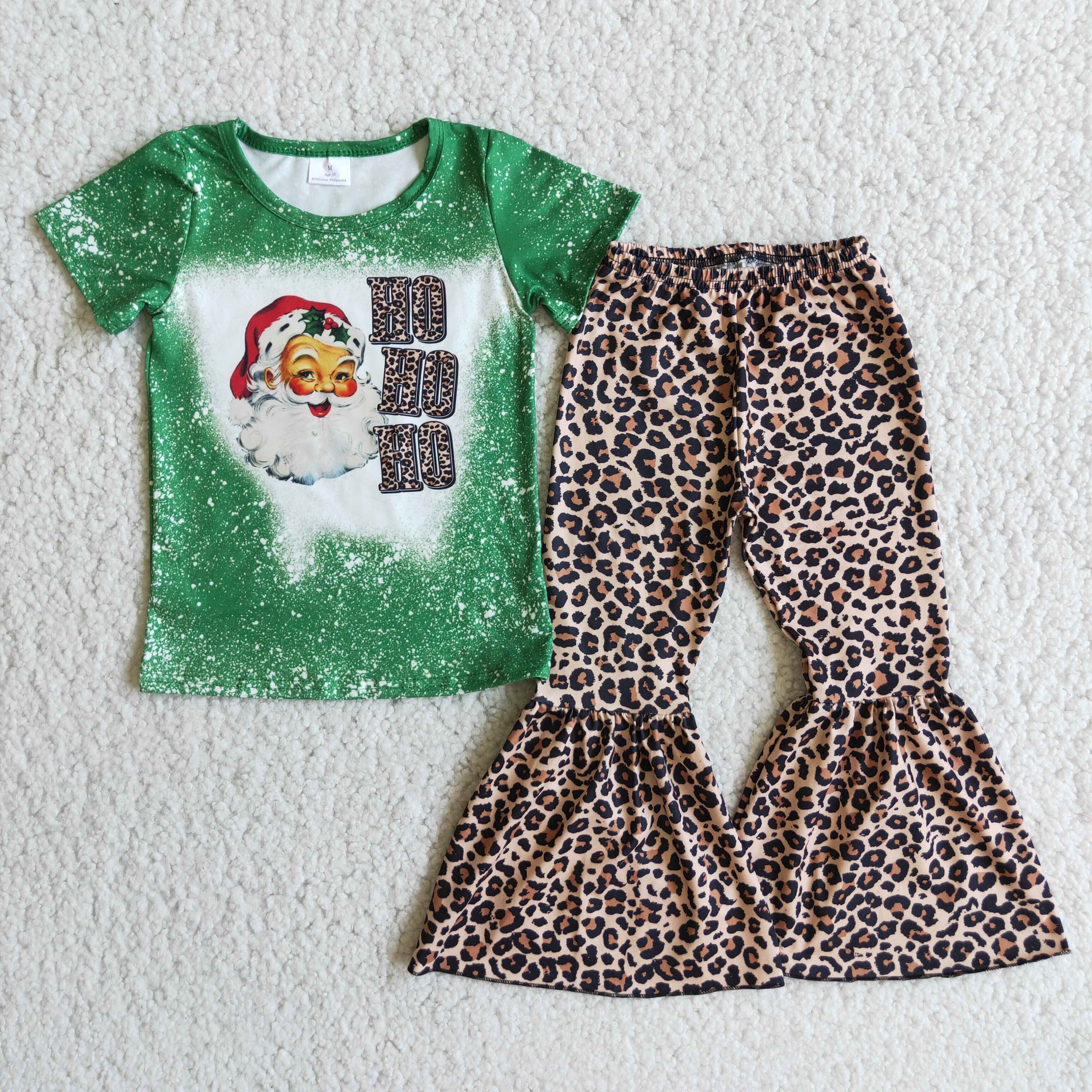 D1-5 Santa green short-sleeved top leopard print bell bottoms suit