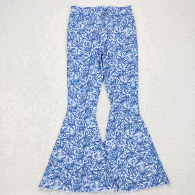 P0297 Adult floral pattern blue denim jeans