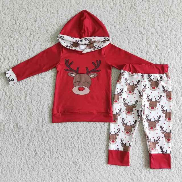 6 B1-24 Boys deer red long sleeve top, trousers and hooded suit