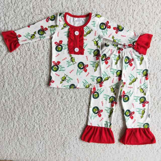 6 A20-3 grinch button red cuff long sleeve pajama set