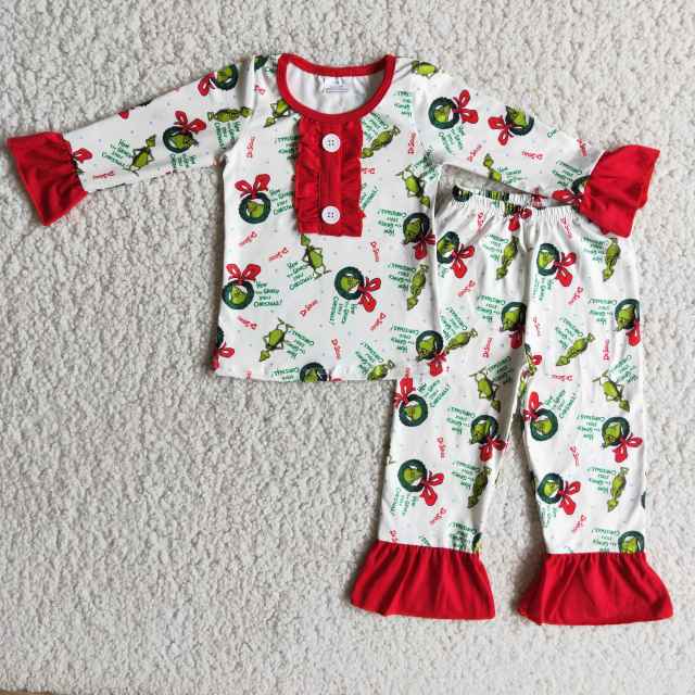 6 A20-3 grinch button red cuff long sleeve pajama set