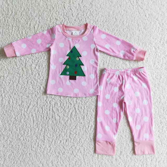 6 B12-37 Embroidered Christmas tree polka dot girl's pink cotton pajamas