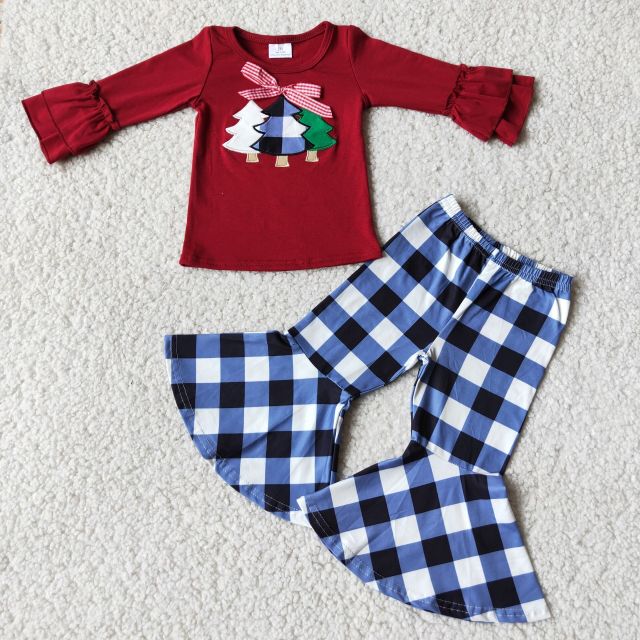 6 C6-40 Bow embroidered Christmas tree long-sleeved plaid pants suit