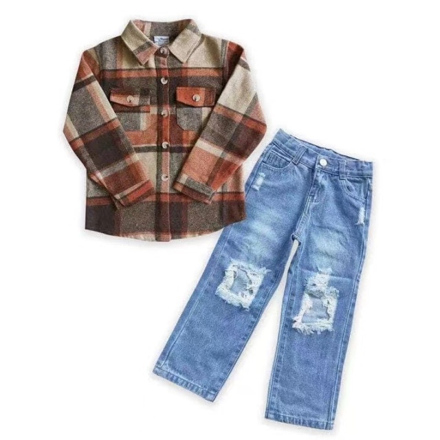 BT0061 Boys Orange Red Grid Long Sleeve Shirt  and  boy jeans set