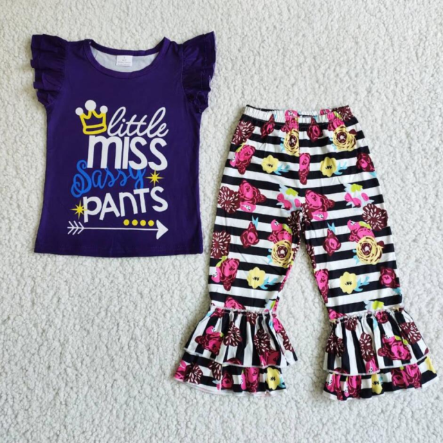 C11-10 miss pants purple flying sleeve top colorful striped pants