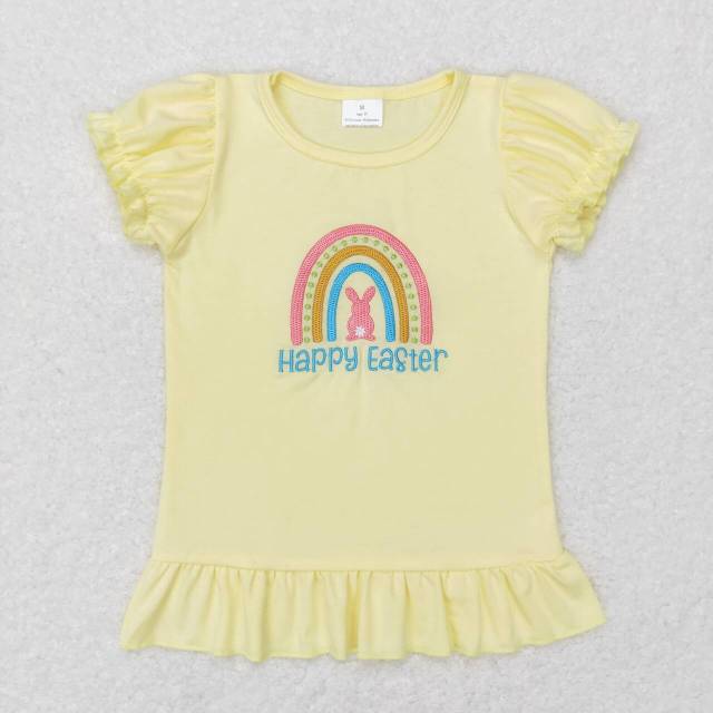 GT0392 happy easter embroidered letter bunny rainbow yellow lantern sleeve short sleeve top