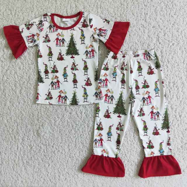 D2-4 Girls Christmas tree grinch short-sleeved lace suit pajamas