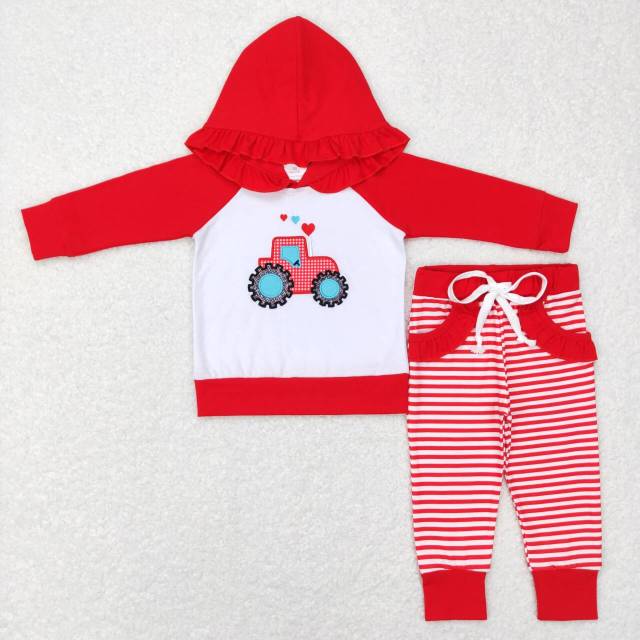 GLP0913 Embroidery Love Tractor red and white lace hooded long-sleeved striped Pants suit