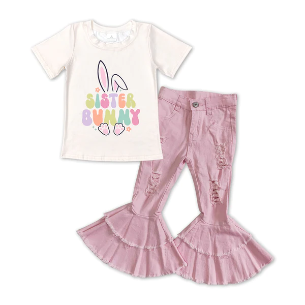 GT0394+P0005 sister bunny beige short-sleeved top Pink double lace ripped denim jeans pants 2 pieces suit