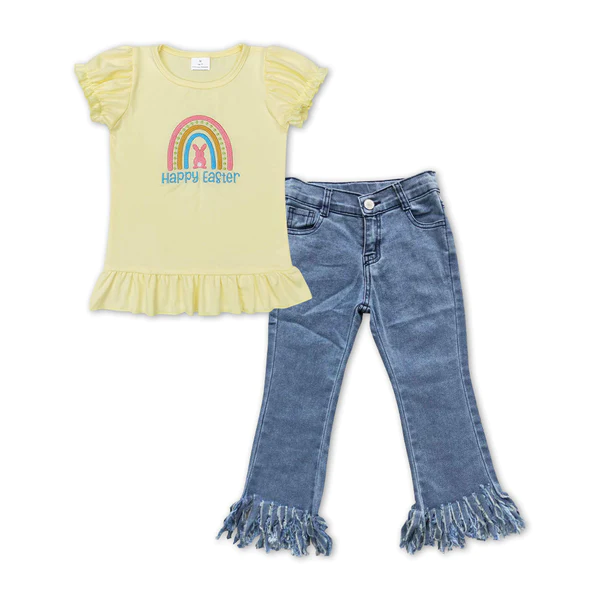 GT0392+B7-13 happy easter embroidered letter bunny rainbow yellow lantern short sleeve top Bleached fringed jeans pants 2 pieces suit