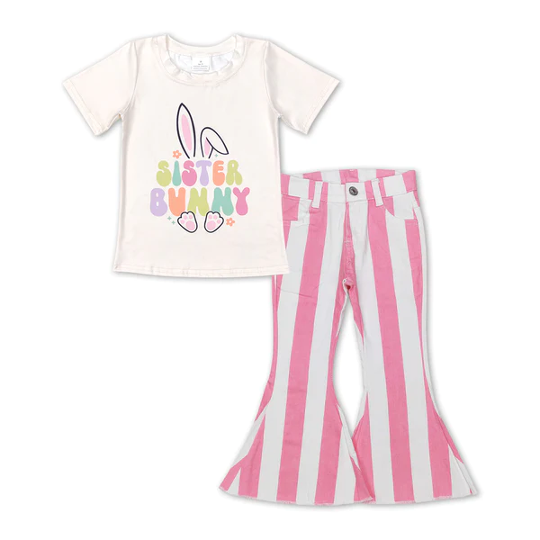 GT0394+P0315 sister bunny beige short-sleeved top Pink and white striped denim jeans pants 2 pieces suit