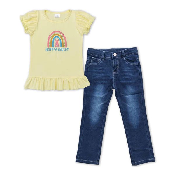GT0392+P0085 happy easter embroidered letter rabbit rainbow yellow lantern short-sleeved top dark blue jeans pants 2 pieces suit