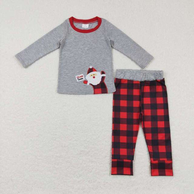 BLP0334 Embroidery Santa Claus gray long sleeve red and black plaid long pants suit