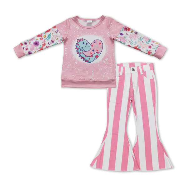 GT0087+P0315 Girls Pink Love Dinosaur Long Sleeve Top Pink and white striped denim jeans pants 2 pieces suit