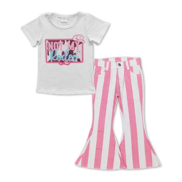 GT0139+P0315 Girls NOT MY White Short Sleeve Top Pink and white striped denim jeans pants 2 pieces suit