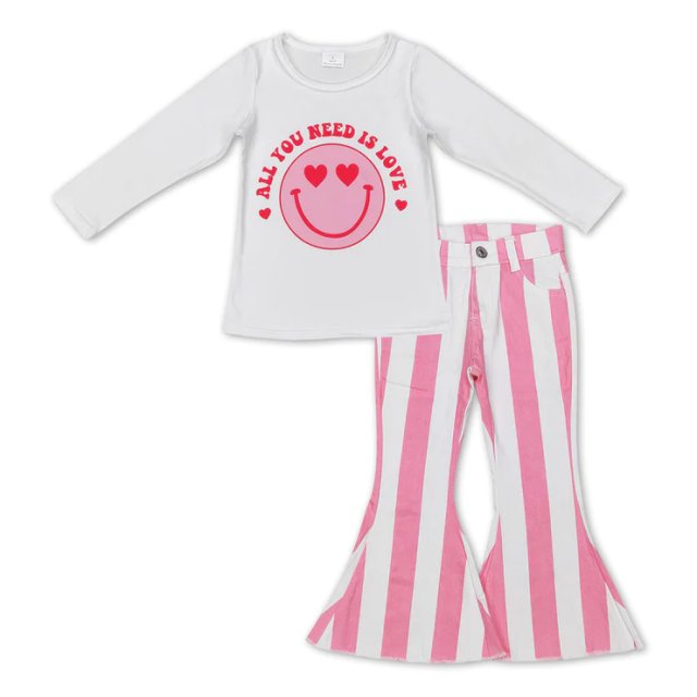 GT0388 +P0315 all you need is love smiley white long sleeve top Pink and white striped denim jeans pants 2 pieces suit