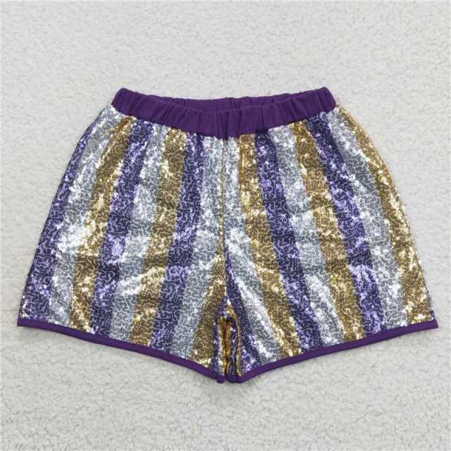 SS0118 Adult Purple Gold White Striped Sequin Shorts