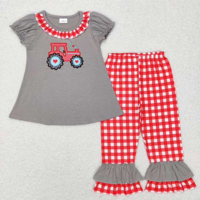 GSPO0972 Embroidery Love Tractor Lace Short Sleeve Red and White Plaid pants set