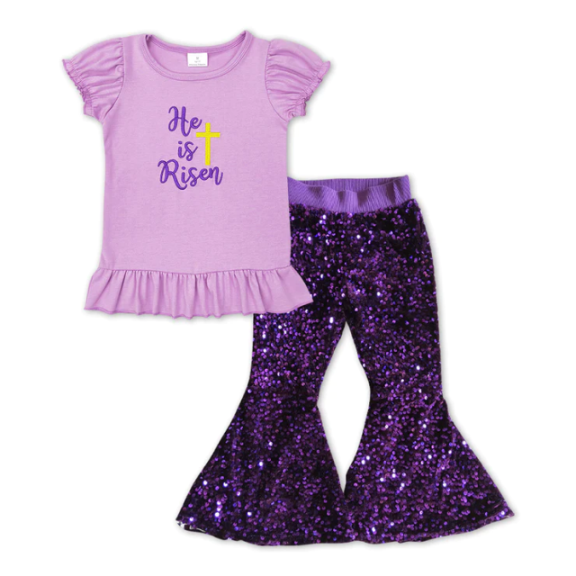 GT0393+P0032 he is risen purple lantern sleeve short-sleeved top with embroidered cross Purple sequins pants 2 pieces suit