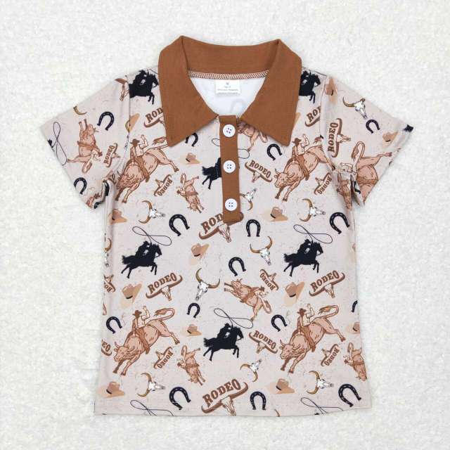 BT0429 rodeo riding cow head pocket brown button short-sleeved top