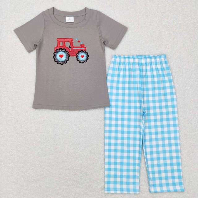 BSPO0193 Embroidered love tractor short-sleeved blue and white plaid pants set