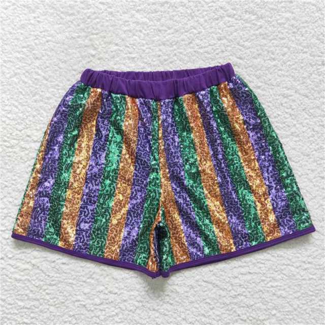 SS0119 Adult Purple Green Gold Striped Sequin Shorts