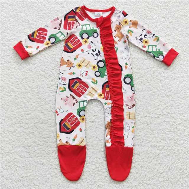 LR0378 Farm Red House Cow Pig Sheep Animal Red Lace Zipper Long Sleeve Jumpsuit