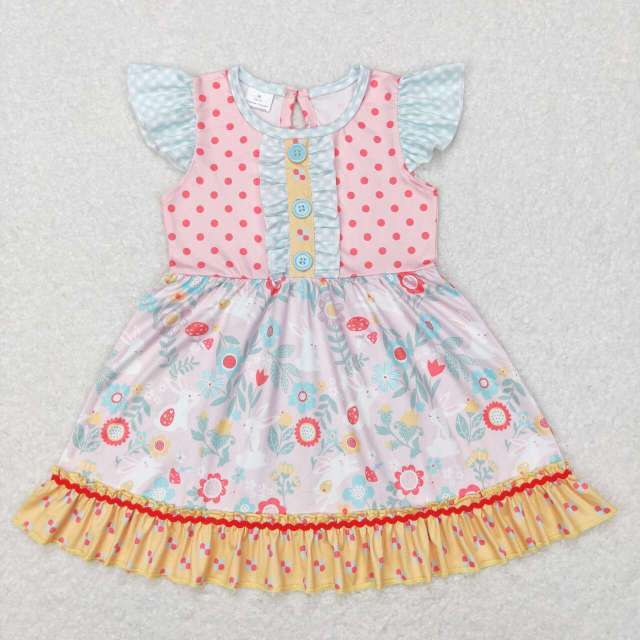 GSD0491 Flower rabbit polka dot yellow lace flying sleeve dress