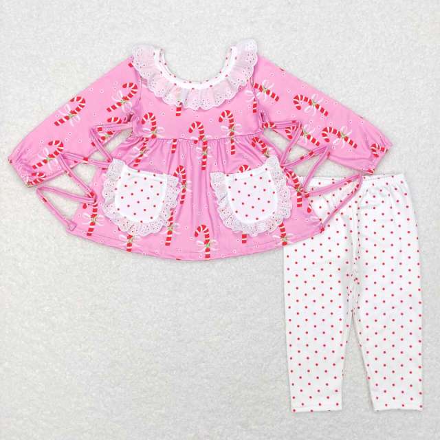 GLP0883 Cane lace pink long sleeve polka dot white pants Set