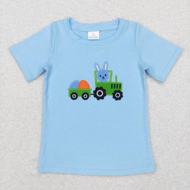 BT0426 Embroidered Rabbit Egg Tractor Blue Short Sleeve Top