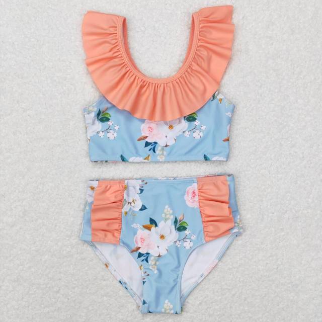S0179 Floral pink lace teal swimsuit set