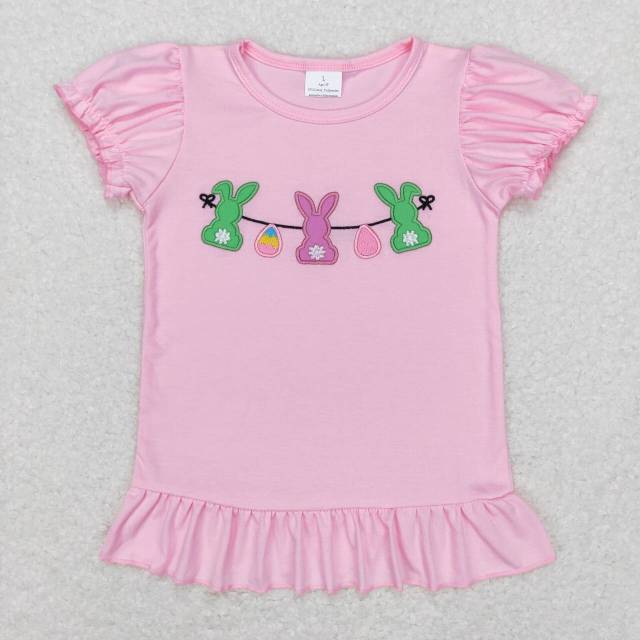 GT0391 Embroidery Easter Egg Rabbit Pink Lantern Sleeve Short Sleeve Top